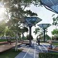Modern Artistic Landscape Sculpture With Lattice Metal Design In Outdoor Park With Trees And Seating