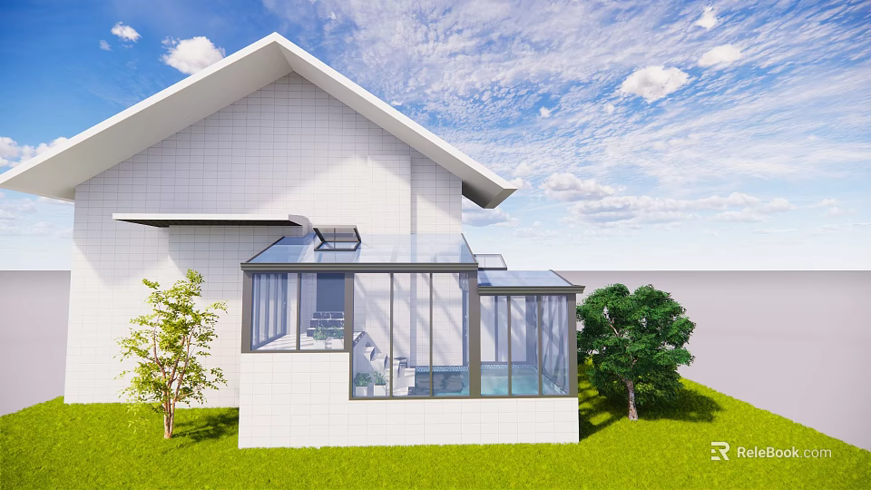 Villa Balcony With Glass Structure Green Lawn Trees And Blue Sky 3d model 
