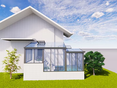Villa Balcony With Glass Structure Green Lawn Trees And Blue Sky 3d model