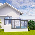 Villa Balcony With Glass Structure Green Lawn Trees And Blue Sky
