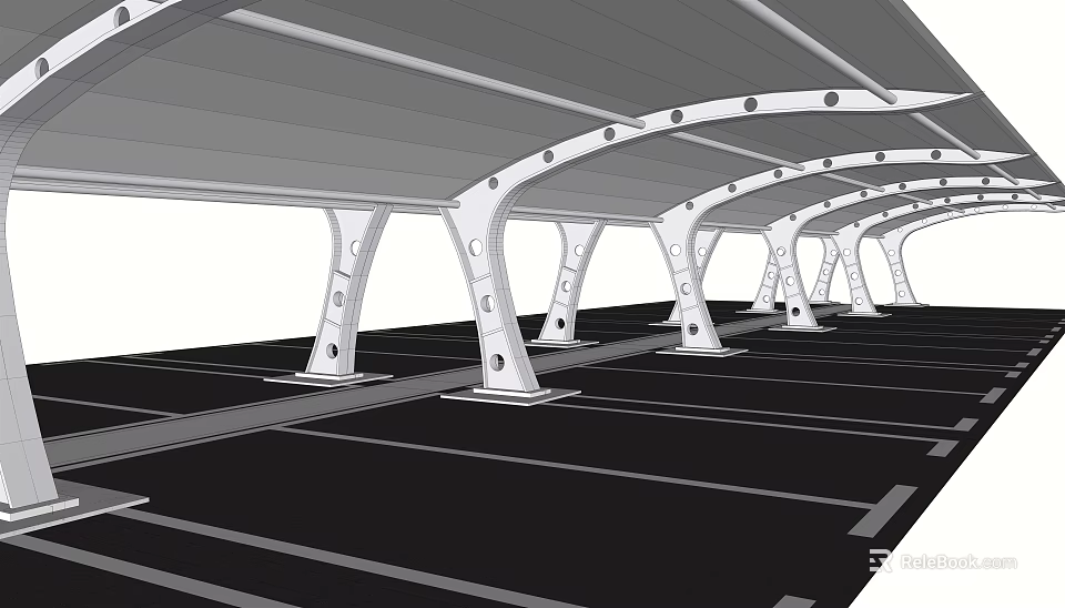 Tensile Membrane Roof Structure For Parking Lot With Curved Supporting Columns 3d model 