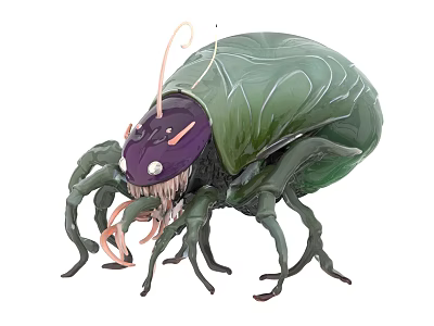 Green Creature With Purple Head Long Antennae Tentacles And Multiple Legs 3d model