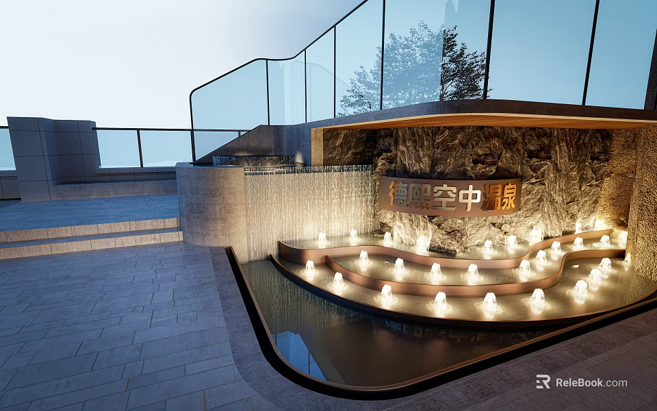 Outdoor Feature Wall with Waterfall Curtain Stone Finish Integrated Lighting Steps and Glass Railings 3d model 