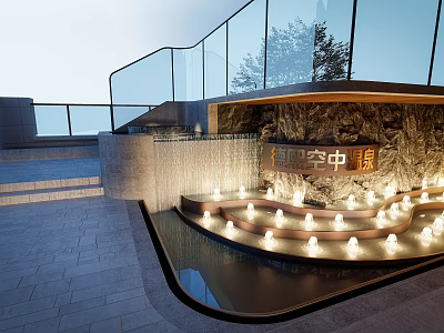 Outdoor Feature Wall with Waterfall Curtain Stone Finish Integrated Lighting Steps and Glass Railings 3d model