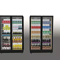 Double Door Glass Door Refrigerators Filled with Various Bottled and Canned Beverages for Commercial