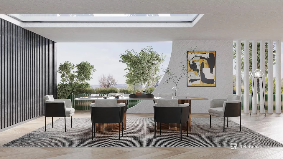 Elegant Modern Restaurant Interior Featuring Dining Table Chairs Artwork And Outdoor Greenery 3d model