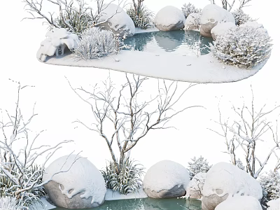 Winter Garden Ornament Design With Snow Covered Stones Pond And Bare Branches 3d model