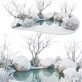 Winter Garden Ornament Design With Snow Covered Stones Pond And Bare Branches