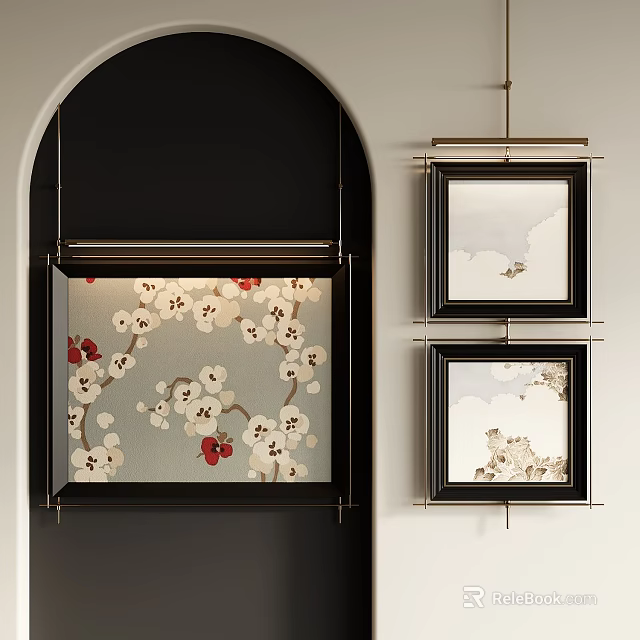 Abstract Painting Featuring Arch Shaped Black Frame Glass Artwork White Red Flowers And Square Pieces 3d model 