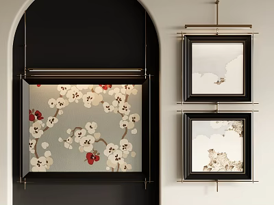 Abstract Painting Featuring Arch Shaped Black Frame Glass Artwork White Red Flowers And Square Pieces 3d model
