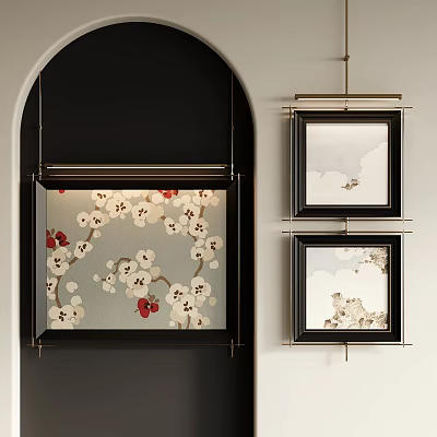 Abstract Painting Featuring Arch Shaped Black Frame Glass Artwork White Red Flowers And Square Pieces 3d model