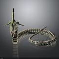 Green Horned Snake With Open Mouth And Coiled Blue White Patterned Body In Reflective Background
