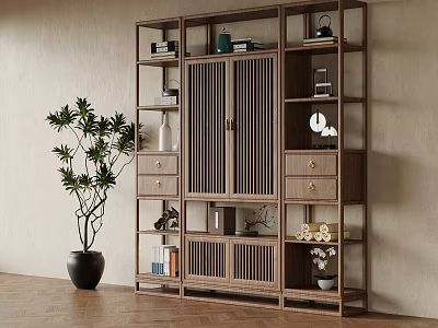 Traditional Chinese Wooden Display Shelf Featuring Decorative Items Books Vases And Potted Plant 3d model