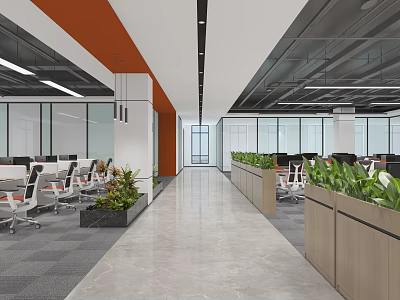 Modern Public Office Space With Open Layout Glass Partitions Office Desks And Green Plants 3d model