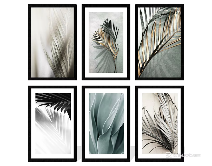 Six Plant Paintings With Various Leaf Art In Black Frames And Neutral Tones 3d model 