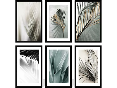 Six Plant Paintings With Various Leaf Art In Black Frames And Neutral Tones 3d model