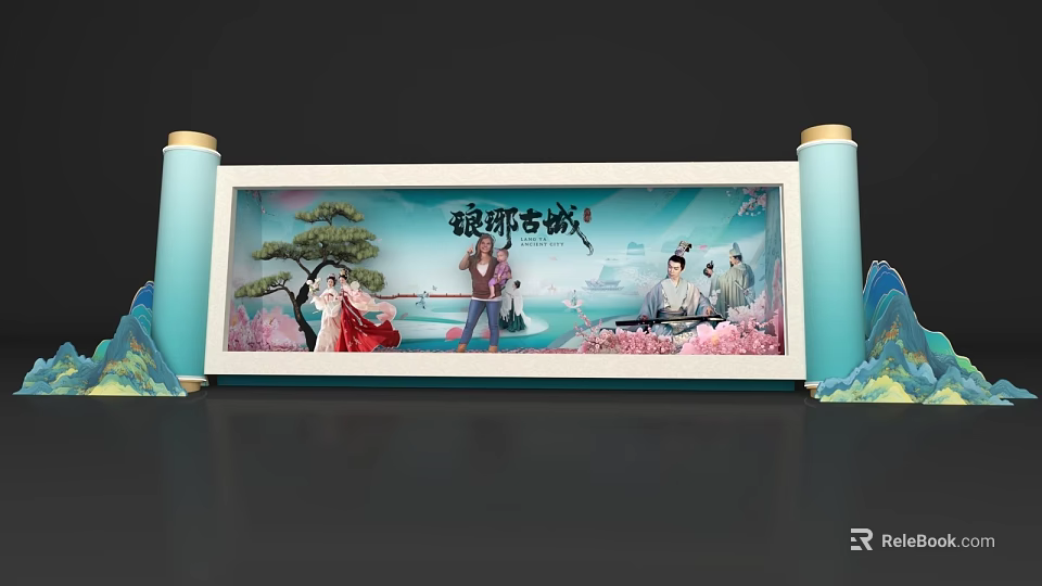 Langya Ancient City Themed Photo Spot With Scroll Design Ancient Style Figures And Pine Tree 3d model 