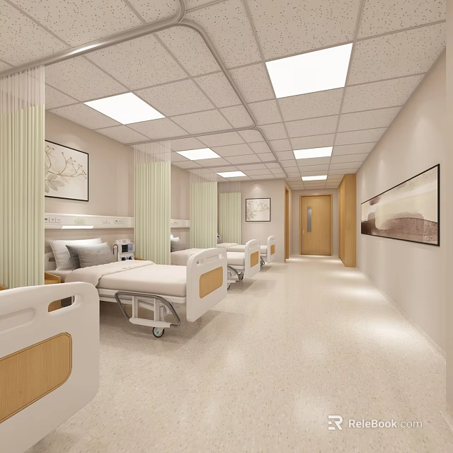 Modern Hospital Outpatient Ward Interior With Beds Curtains And Artworks 3d model 