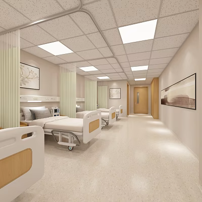 Modern Hospital Outpatient Ward Interior With Beds Curtains And Artworks 3d model