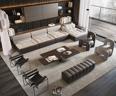 Modern Living Room Sofa And Coffee Table Set With Accent Chairs And Area Rug 3d model