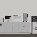 Modern Office Appliances On White Storage Cabinet With Doors And Drawers