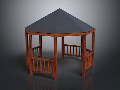Outdoor Wooden Gazebo Architectural Structure With Octagonal Roof And Railings 3d model