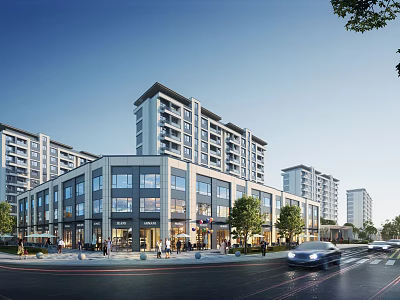 Vibrant Commercial Street Featuring Modern Multi story Buildings Pedestrians Green Trees And Cars 3d model