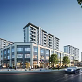 Vibrant Commercial Street Featuring Modern Multi story Buildings Pedestrians Green Trees And Cars