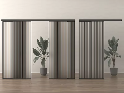 Black Vertical Sliding Doors in Interior with Wooden Floor and Green Plants 3d model