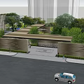 Modern Garden Landscape Design With Wooden Entrance Green Plants Water Feature And Pedestrians