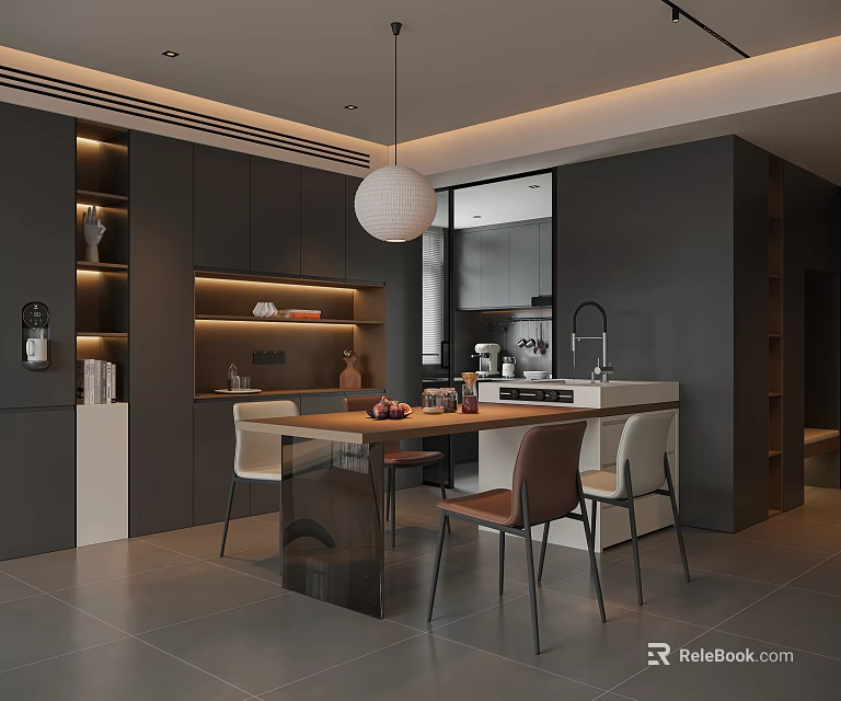 Modern Dining Interior Featuring Gray Cabinets White Pendant Light Dining Table And Chairs 3d model
