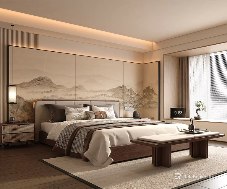 Serene Bedroom Interior With Mountain Landscape Mural And Wooden Furniture Accents 3d model 
