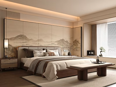 Serene Bedroom Interior With Mountain Landscape Mural And Wooden Furniture Accents 3d model