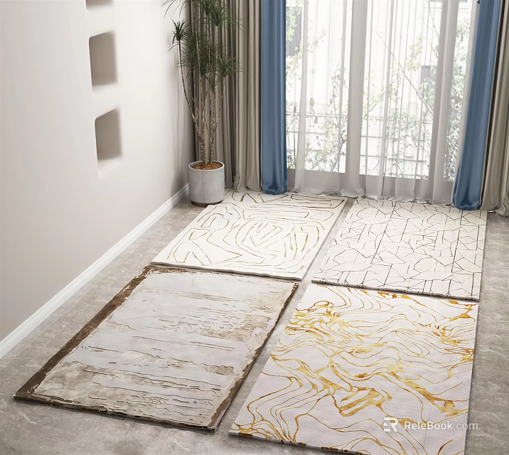 Elegant Square Rugs With Modern Marble Pattern And Gold Lines For Home Floor Decor 3d model 