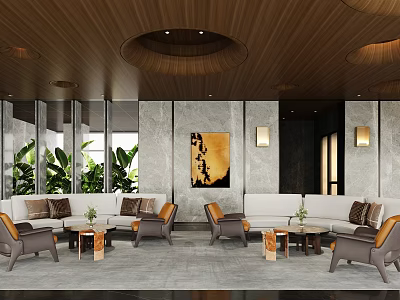 Leisure Area Interior With Wooden Ceiling Marble Walls Green Plants Sofas Armchairs And Decorative Painting 3d model