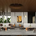 Leisure Area Interior With Wooden Ceiling Marble Walls Green Plants Sofas Armchairs And Decorative Painting