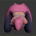 Pink Haired Woman in White Sports Bra and Purple Gradient Leggings Crouching on Gray Background