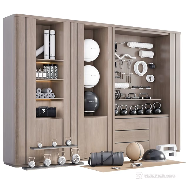 Organized Sports Equipment Storage Cabinet With Dumbbells Kettlebells Yoga Balls And Foam Rollers 3d model 