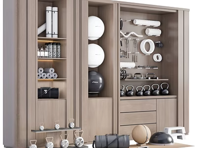 Organized Sports Equipment Storage Cabinet With Dumbbells Kettlebells Yoga Balls And Foam Rollers 3d model