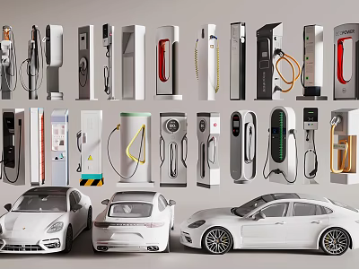 Various Electric Vehicle Charging Stations With White Cars 3d model