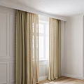 Simple Interior Window Curtains With Outer Dark Green Striped And Inner Beige Grid Sheer 3d model