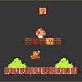 Pixel Game Character Jumping Near Mushroom On Brick Platforms With Question Mark Blocks 3d model