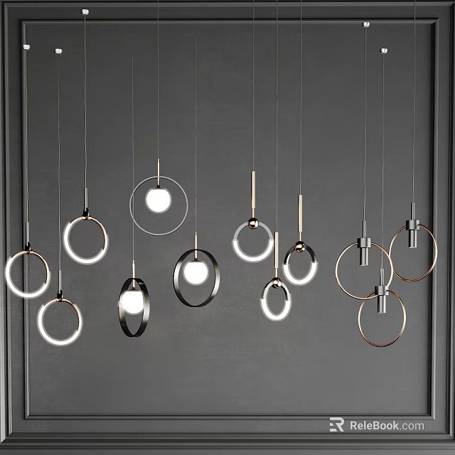 Multiple Pendant Lights With Circular Metal Frame And Illuminated Ring Design 3d model