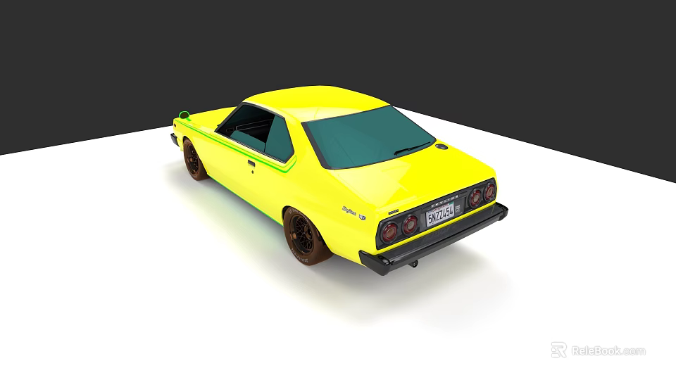 Vintage Yellow Sedan Car with Brown Wheels Rear View Shiny Exterior 3d model 