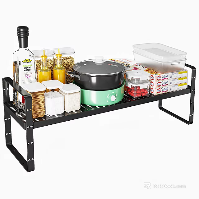 Kitchenware Set on Black Metal Storage Rack with Pot Containers Seasoning Bottles and Food Boxes 3d model 