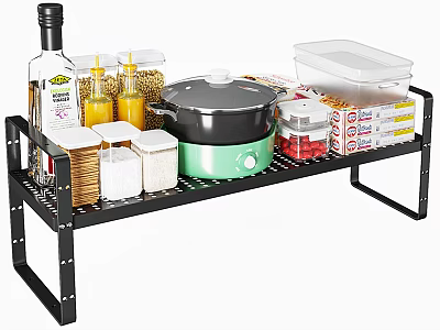 Kitchenware Set on Black Metal Storage Rack with Pot Containers Seasoning Bottles and Food Boxes 3d model