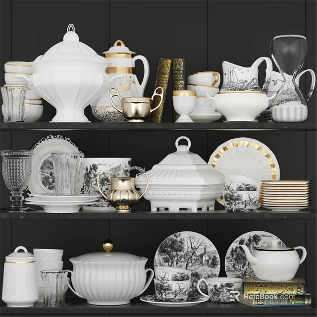 White Ceramic Tableware Set With Gold Accents Various Plates Cups And Teapots On Display Shelf 3d model 