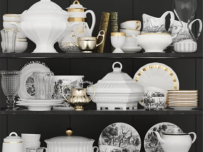 White Ceramic Tableware Set With Gold Accents Various Plates Cups And Teapots On Display Shelf 3d model