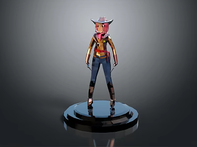 3D Female Game Character Model With Stylish Hat Brown Jacket Blue Pants And Standing Pose 3d model