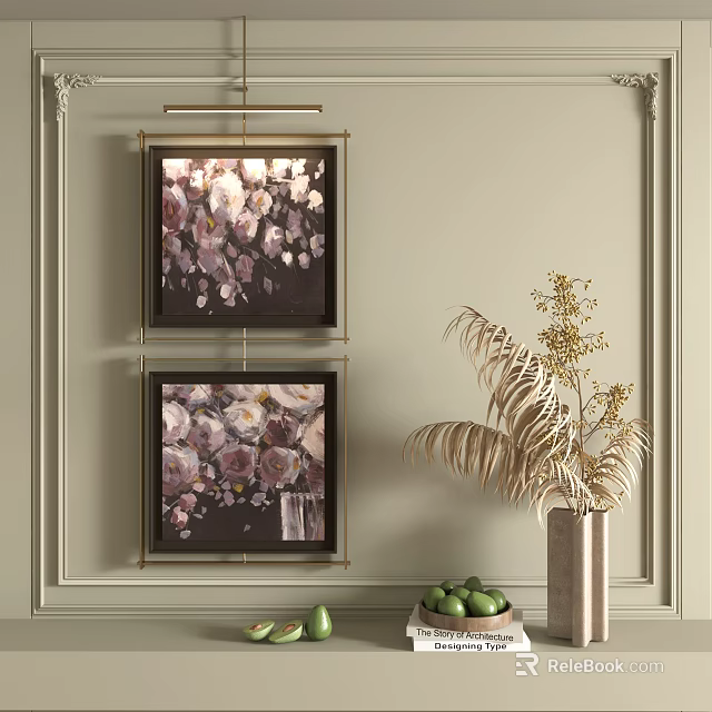 Two Abstract Flower Paintings Hanging On Beige Wall With Fern Plant Vase And Green Fruits 3d model 